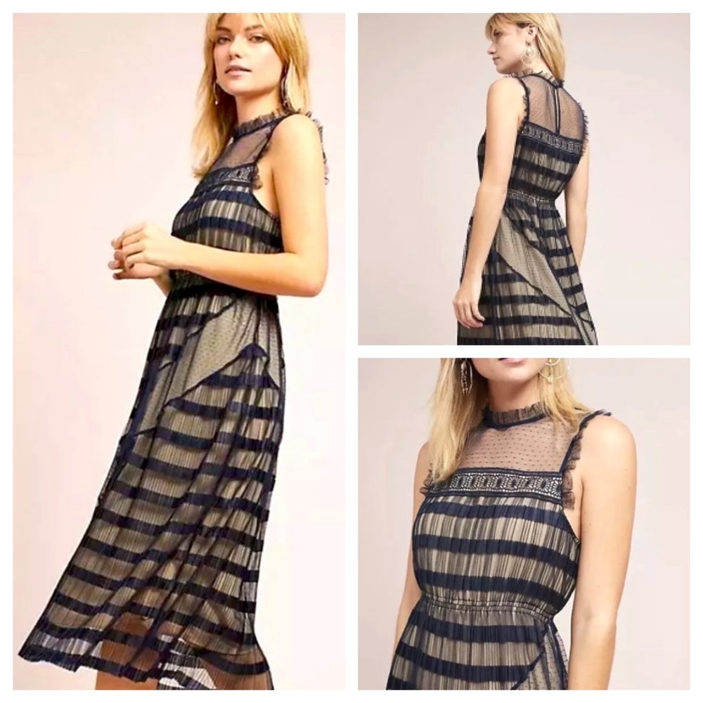 Anthropologie Black and Cream Striped Lace Midi Dress